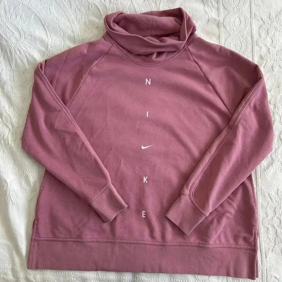 Nike Rose Pink Funnel Neck Turtleneck Tunic Sweatshirt Pockets Logo Women’s Sz L - Picture 14 of 15